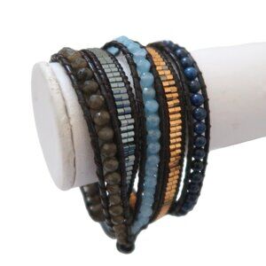 Multi colored bead & leather wrap bracelet